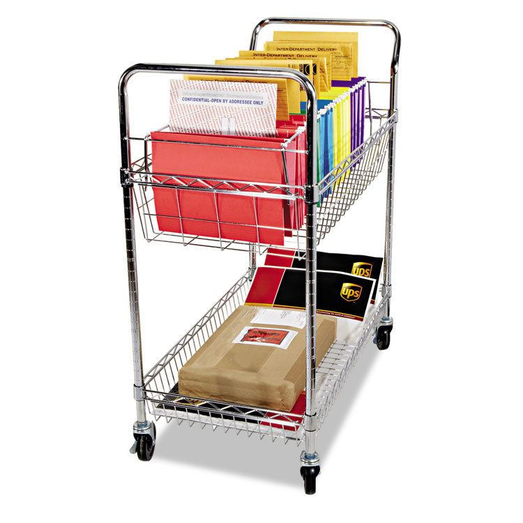 Carry-all Mail Cart, Metal, 1 Shelf, 1 Bin, 34.88" x 18" x 39.5", Silver