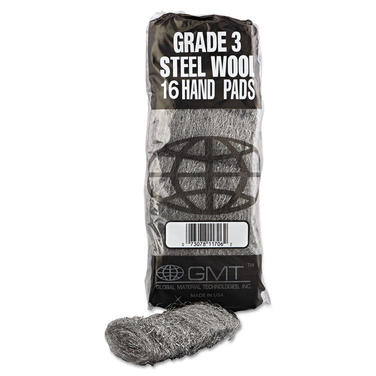Industrial-Quality Steel Wool Hand Pads, #3 Medium, Steel Gray, 16 Pads/sleeve, 12 Sleeves/carton
