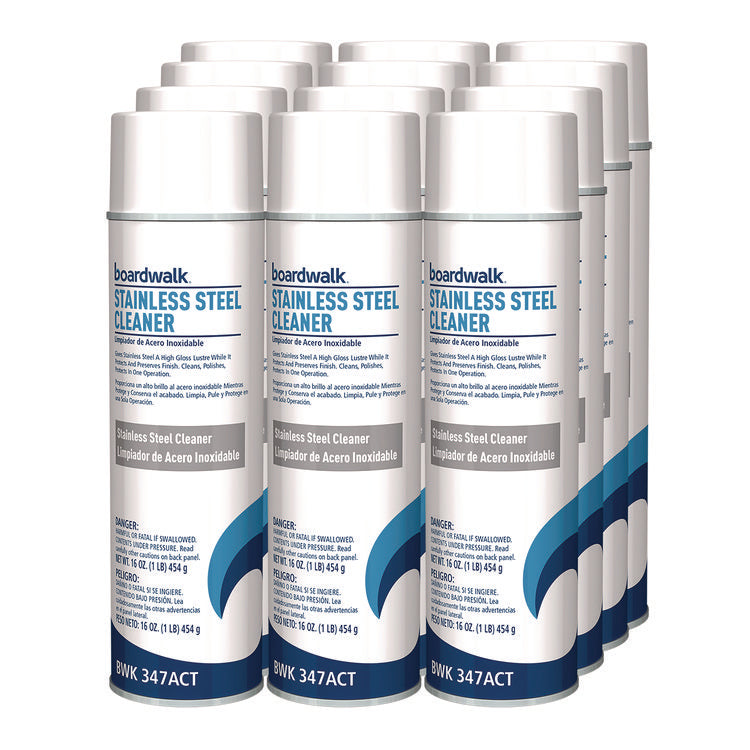 Stainless Steel Cleaner and Polish, Water-in-Oil Based, Lemon Scent, 18 oz Aerosol Spray, 12/Carton