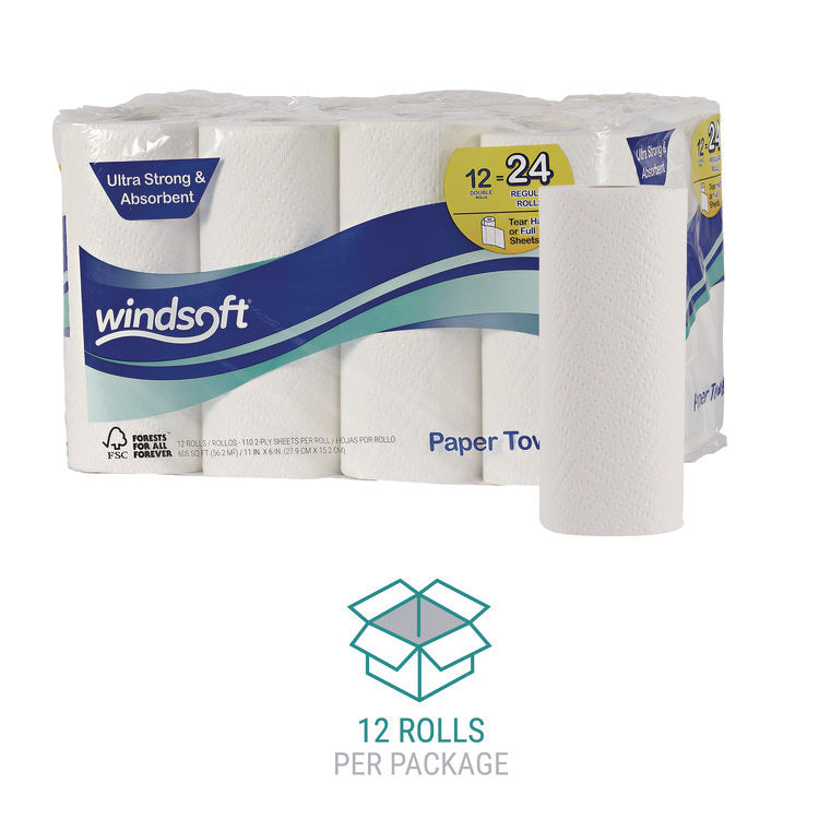 Premium Kitchen Roll Towels, 2-Ply, 11 x 6, White, 110/Roll, 12 Rolls/Carton
