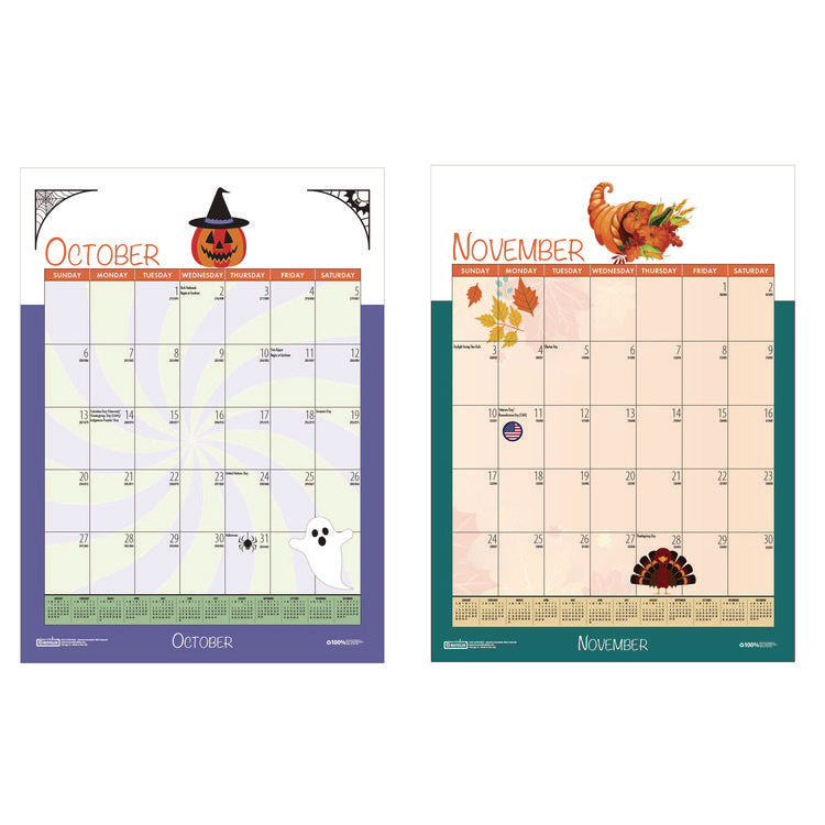 Academic Year Recycled Seasonal Wall Calendar, Illustrated Seasons Artwork, 12 x 16.5, 12-Month (July to June): 2025 to 2026