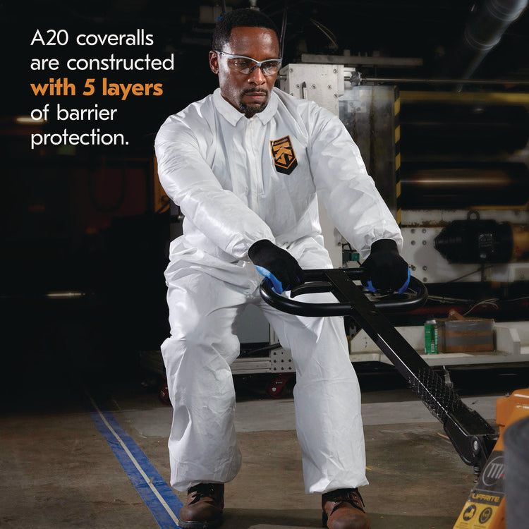 A20 Breathable Particle Protection Coveralls, Zip Front, Elastic Back, Wrists, Ankles, 4X-Large, White, 20/Carton