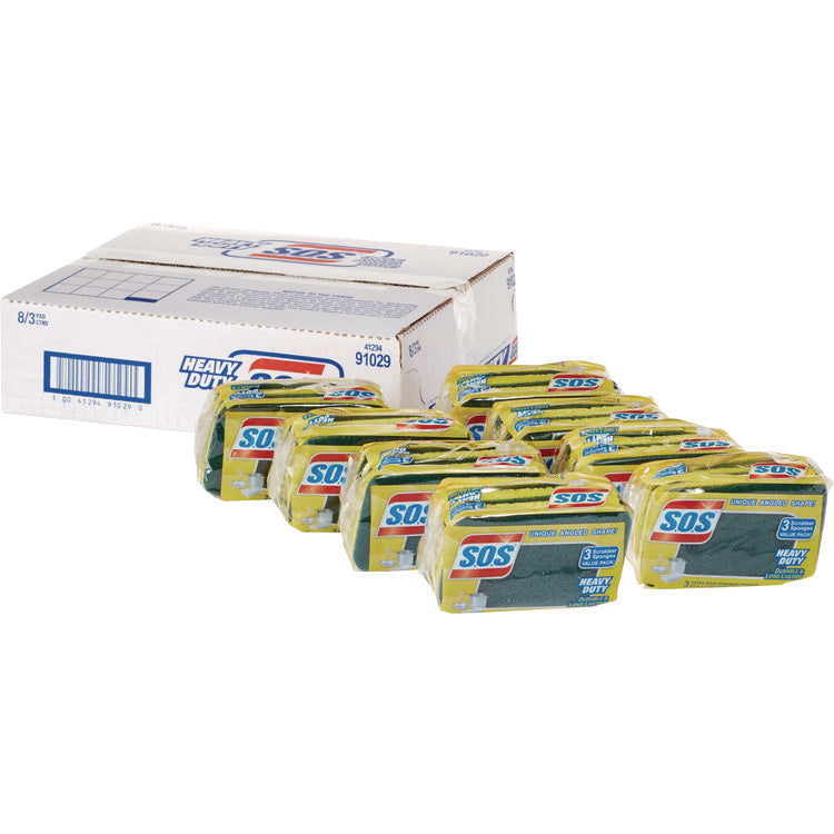 Heavy Duty Scrubber Sponge, 2.5 x 4.5, 0.9" Thick, Yellow/Green, 3/Pack, 8 Packs/Carton