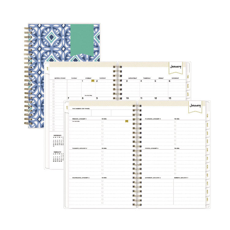 Day Designer Tile Weekly/Monthly Planner, Geometric Artwork, 8 x 5, Blue/White Cover, 12-Month (Jan to Dec): 2025