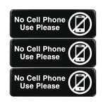 No Cell Phone Use Please Indoor/Outdoor Wall Sign, 9 x 3, Black Face, White Graphics, 3/Pack