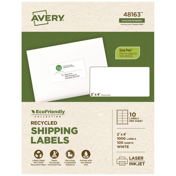 Ecofriendly Mailing Labels, Inkjet/laser Printers, 2 X 4, White, 10/sheet, 100 Sheets/pack