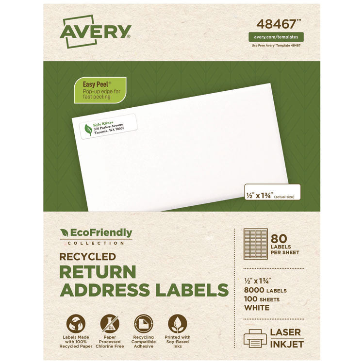 Ecofriendly Mailing Labels, Inkjet/laser Printers, 0.5 X 1.75, White, 80/sheet, 100 Sheets/pack
