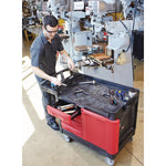 TradeMaster Cart with One Door, Plastic, 3 Shelves, 4 Drawers, 750 lb Capacity, 26.25" x 49" x 38", Black