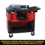 Trades Cart with Locking Storage Area, Plastic, 2 Shelves, 2 Drawers, 330 lb Capacity, 19.25" x 38" x 33.38", Black