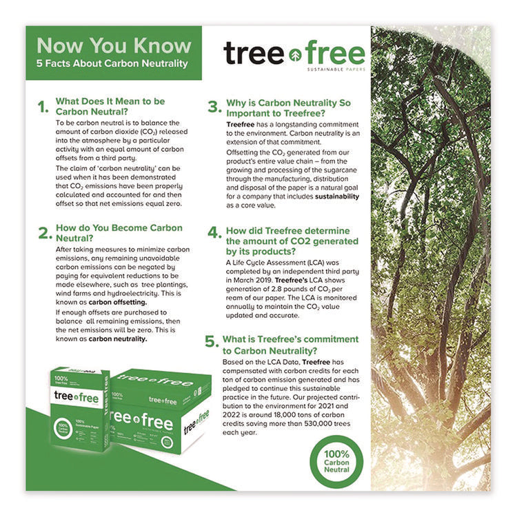 TreeFree Multipurpose Paper, 92 Bright, 20 lb Bond Weight, 8.5 x 11, White, 500 Sheets/Ream, 10 Reams/Carton