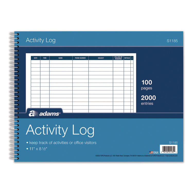 Activity Logbook, 8 Columns, Blue/White Cover, 11 x 8.5 Sheets, 50 Sheets/Book