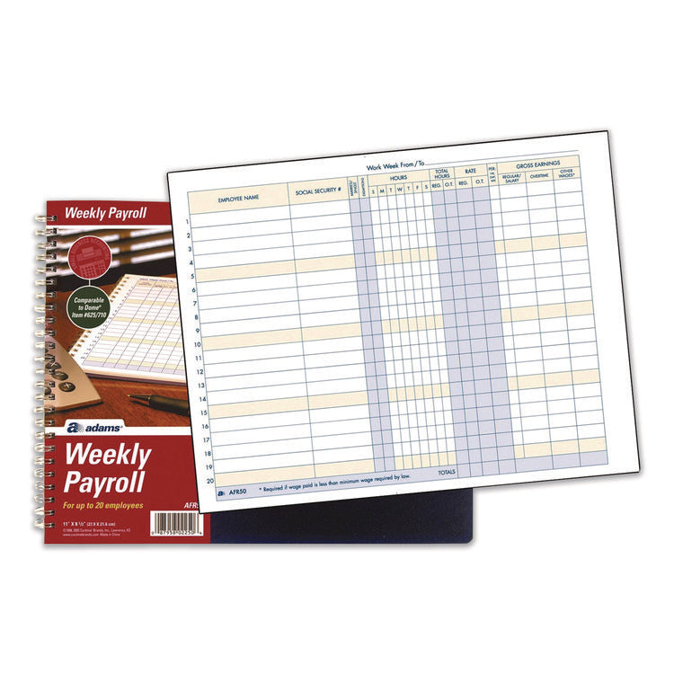 Weekly Payroll Record Book for 20 Employees, Two-Page Spread: 36 Columns, Royal Blue Cover, 8.5 x 11 Sheets, 56 Sheets/Book