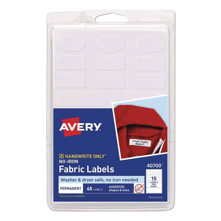 Avery Kids No-Iron Fabric Labels, Handwrite Only, Assorted Shapes and Sizes, White, 15 Labels/Sheet, 3 Sheets/Pack