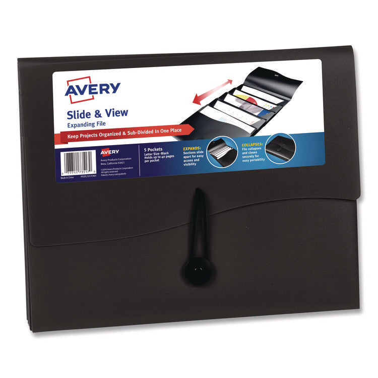 Slide and View Expanding File, 5 Sections, Cord/Hook Closure, Letter Size, Black