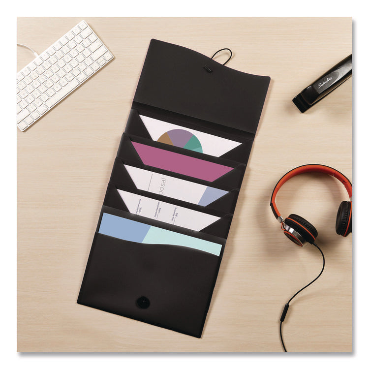 Slide and View Expanding File, 5 Sections, Cord/Hook Closure, Letter Size, Black