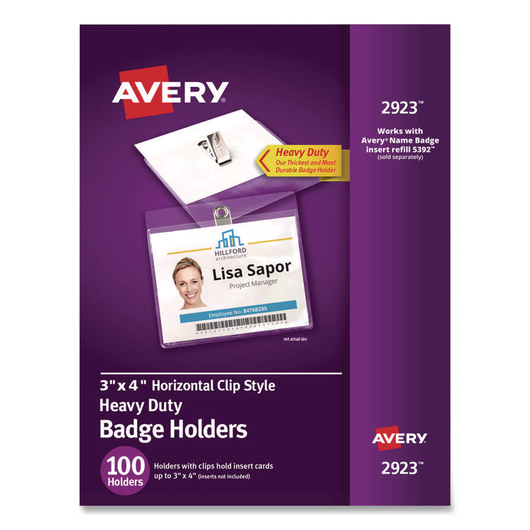 Heavy-Duty Clip-Style Badge Holders, Horizontal, 4 X 3, Clear, 100/box