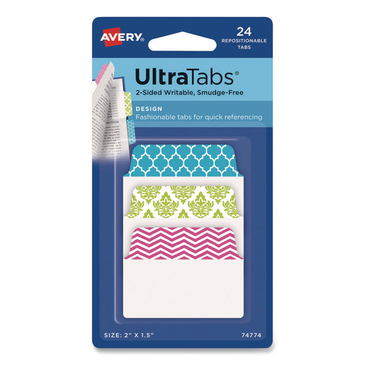 Ultra Tabs Repositionable Tabs, Fashion Patterns: 2" x 1.5", 1/5-Cut, Assorted Colors, 24/Pack