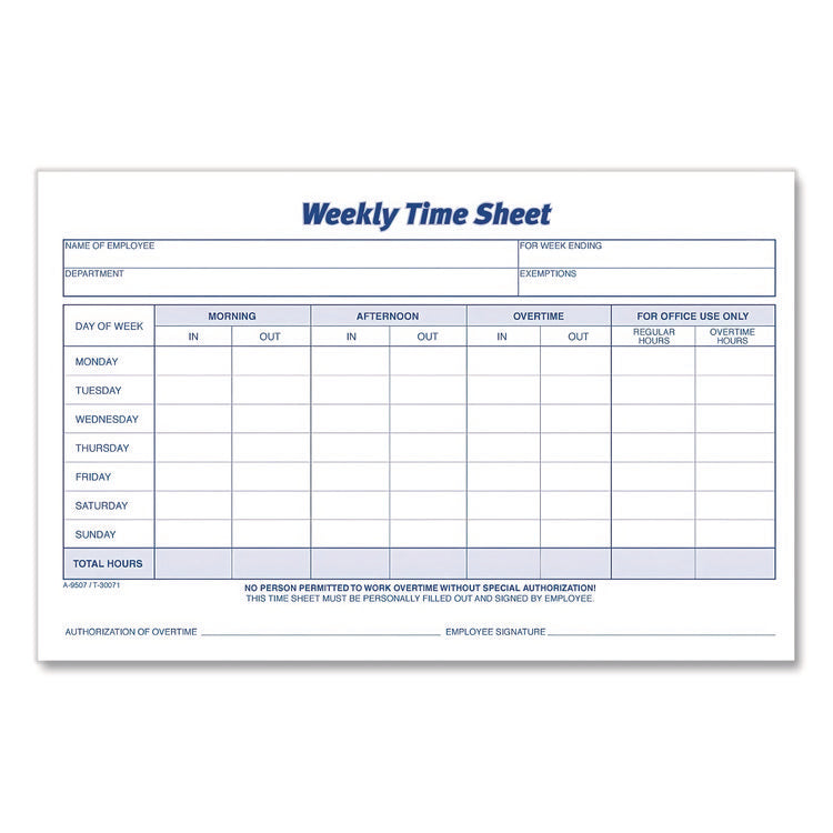 Weekly Time Sheets, Two-Part Carbonless, 8.5 x 5.5, 100 Forms Total