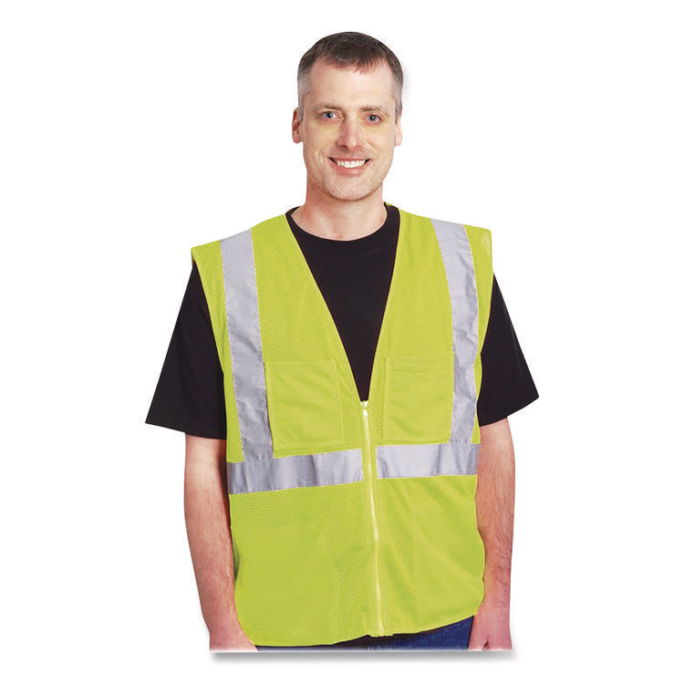 ANSI Class 2 Two-Pocket Zipper Mesh Safety Vest, Large, Hi-Viz Lime Yellow