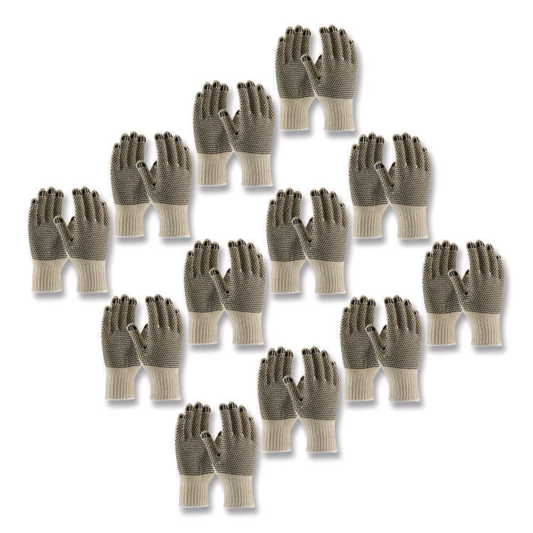 PVC-Dotted Cotton/Polyester Work Gloves, Reversible, Large, Beige/Black, 12 Pairs
