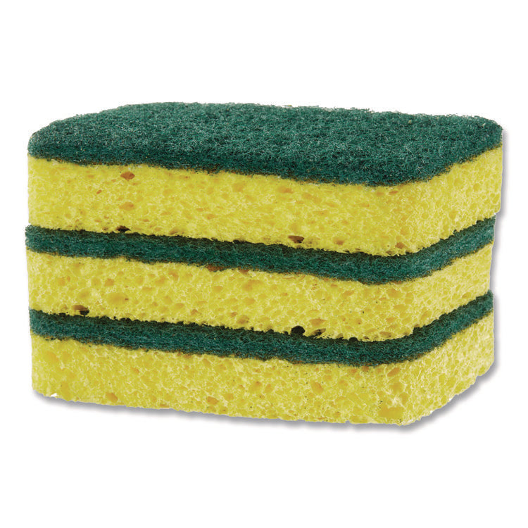 Heavy Duty Scrubber Sponge, 2.5 x 4.5, 0.9" Thick, Yellow/Green, 3/Pack, 8 Packs/Carton
