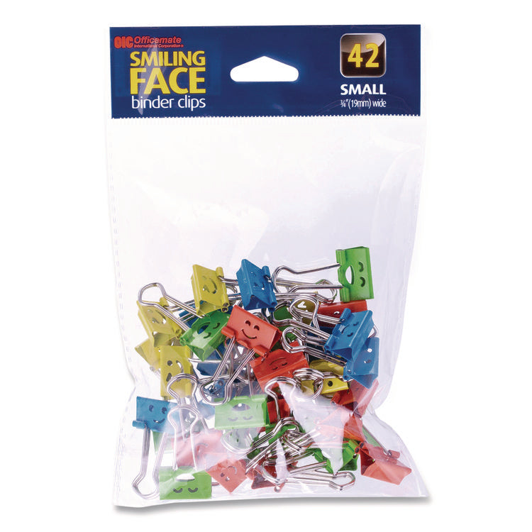 Smiling Face Binder Clips, Small, Assorted Colors, 42/Pack