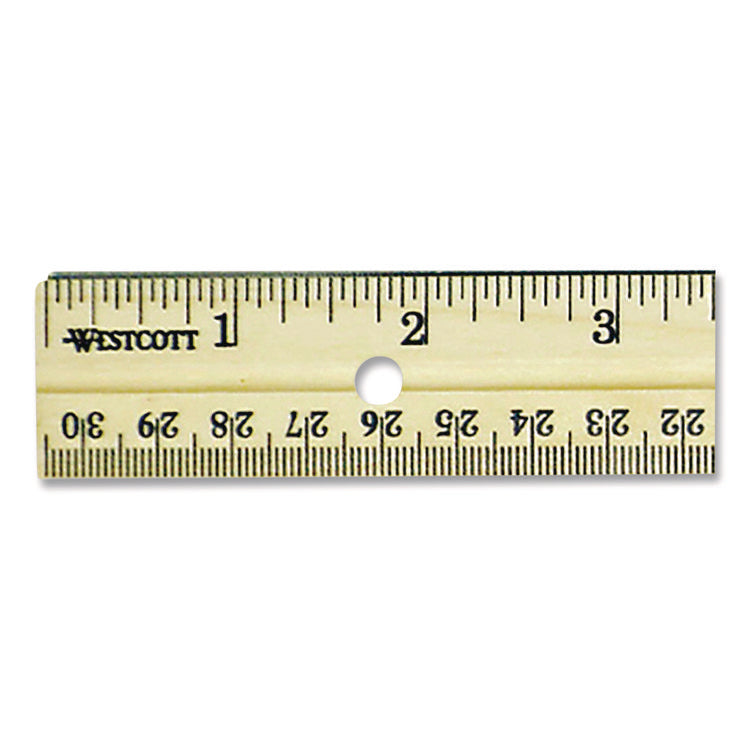 Three-Hole Punched Wood Ruler English And Metric With Metal Edge, 12" Long