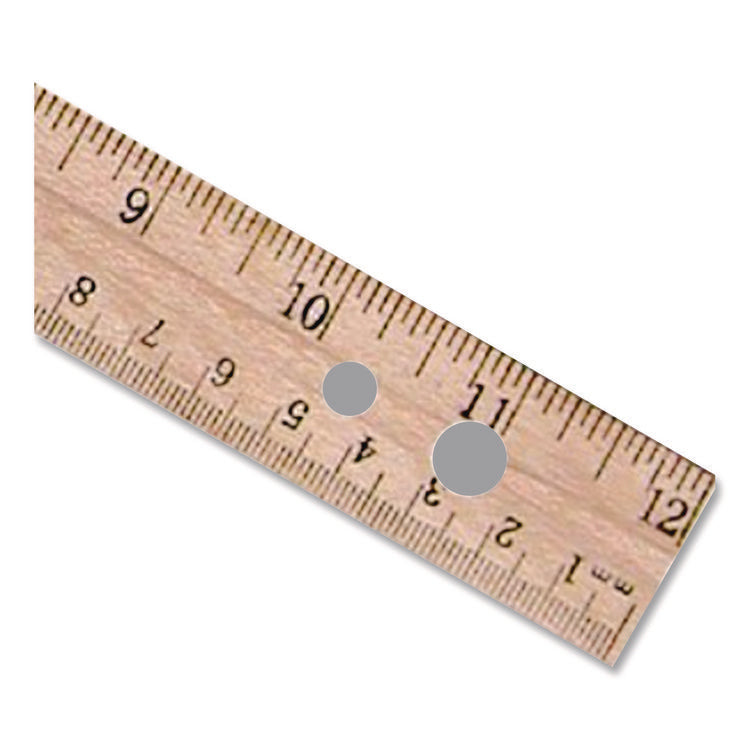 Three-Hole Punched Wood Ruler English And Metric With Metal Edge, 12" Long
