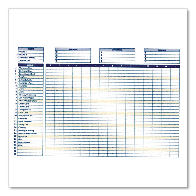 Home/Office Weekly/Monthly Budget Book, Two-Page Spread: 15 Columns, Royal Blue Cover, 7 x 10 Sheets, 32 Sheets/Book