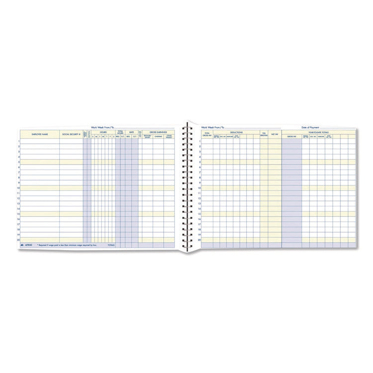 Weekly Payroll Record Book for 20 Employees, Two-Page Spread: 36 Columns, Royal Blue Cover, 8.5 x 11 Sheets, 56 Sheets/Book