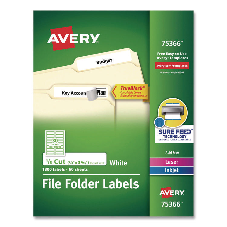 Permanent Trueblock File Folder Labels With Sure Feed Technology, 0.66 X 3.44, White, 30/sheet, 60 Sheets/box