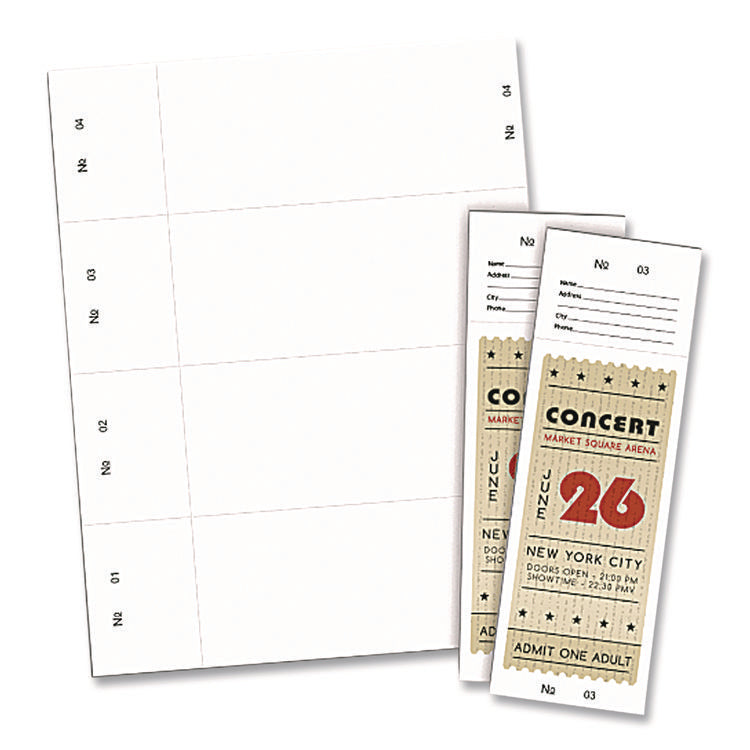 Jumbo Micro-Perforated Event/Raffle Ticket, 90 lb Index Weight, 8.5 x 11, White, 4 Tickets/Sheet, 250 Sheets/Pack