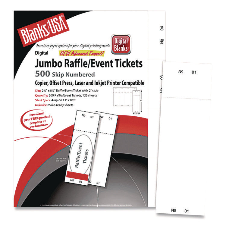 Jumbo Micro-Perforated Event/Raffle Ticket, 90 lb Index Weight, 8.5 x 11, White, 4 Tickets/Sheet, 250 Sheets/Pack
