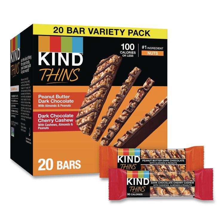 Thins Peanut Butter Dark Chocolate and Dark Chocolate Cherry Cashew Variety Pack, 0.74 oz Bar, 20/Box