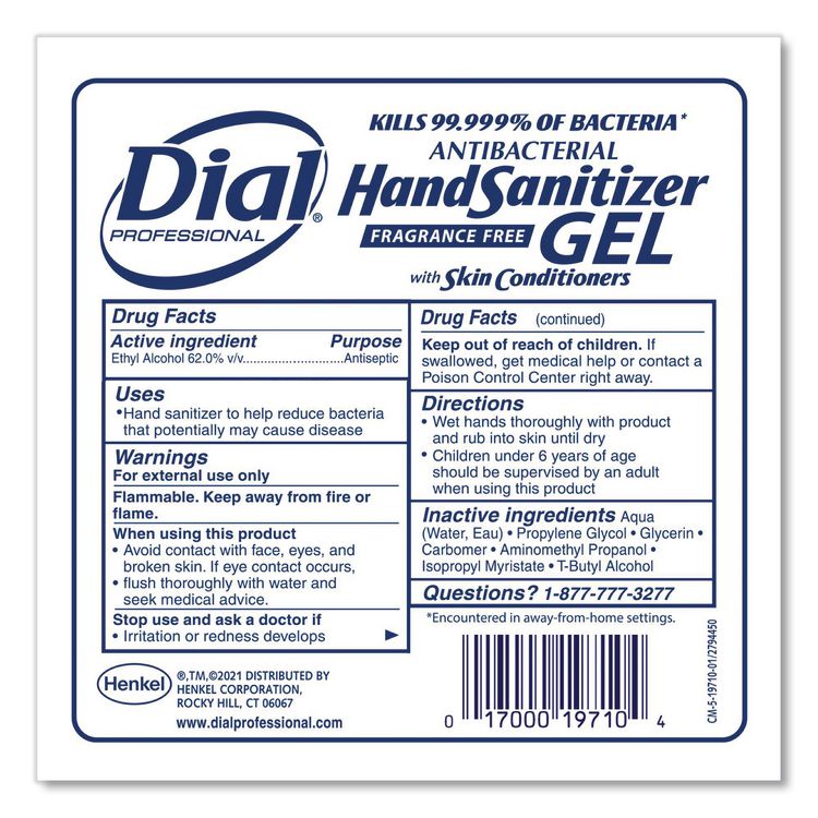 Antibacterial Gel Hand Sanitizer Refill For Dial 1700 Dispenser, 1.2 L Refill, Fragrance-Free, 3/carton