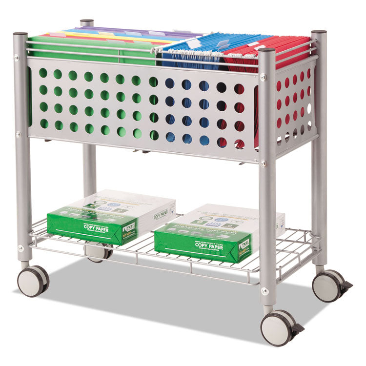 File Cart with Open Top, Metal, 1 Shelf, 2 Bins, 28.25" x 13.75" x 27.38", Matte Gray