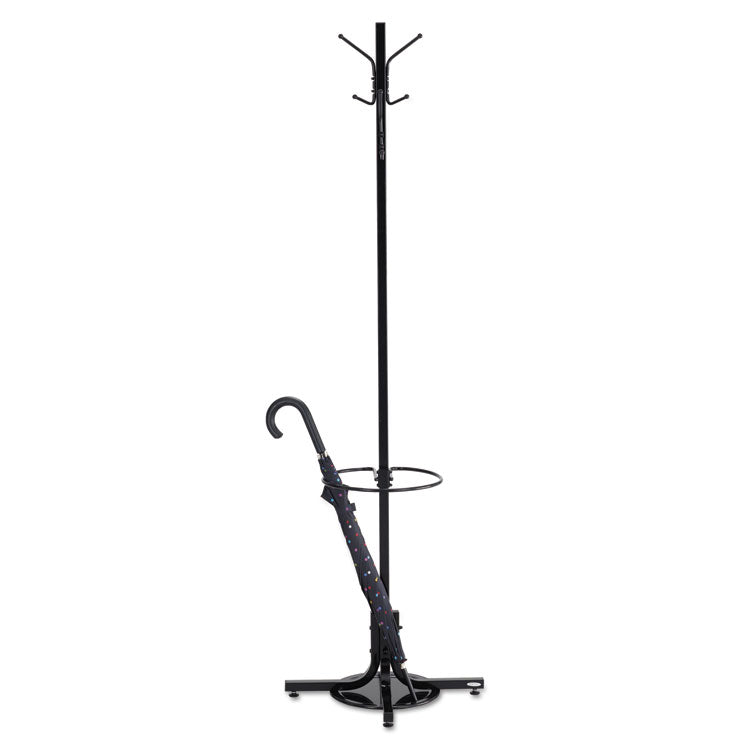 Metal Costumer with Umbrella Holder, Four Ball-Tipped Double-Hooks, 21w x 21d x 70h, Black