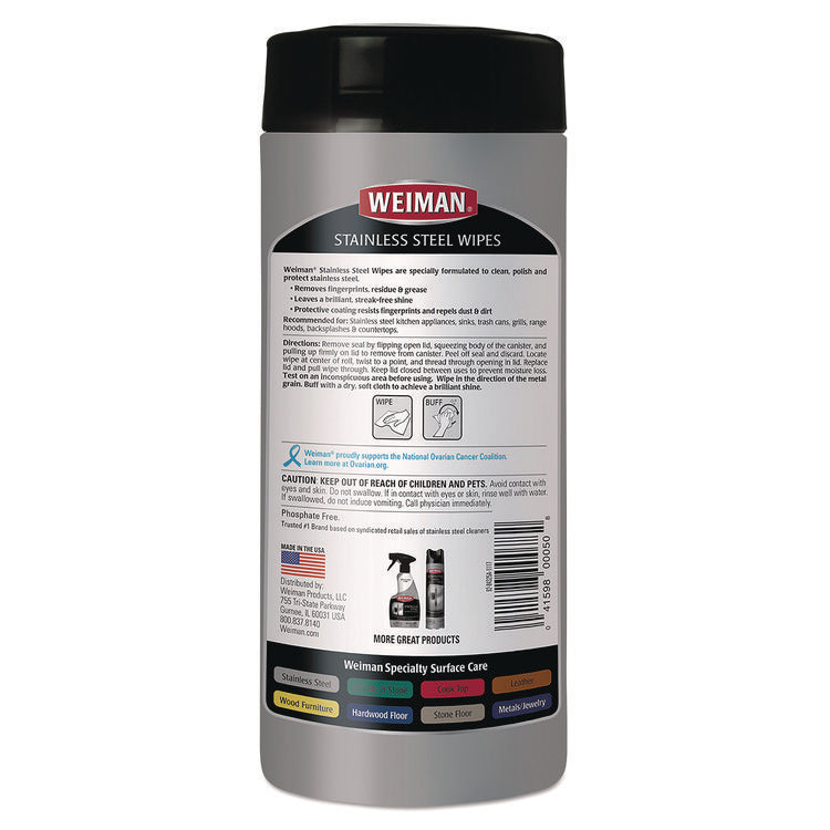 Stainless Steel Wipes, 1-Ply, 7 x 8, White, 30/Canister