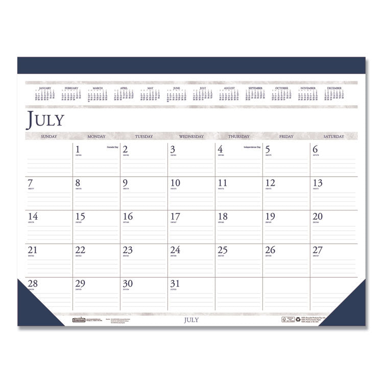 Recycled Academic Desk Pad Calendar, 18.5 x 13, White/Blue Sheets, Blue Binding/Corners, 14-Month: July 2025 to Aug 2026