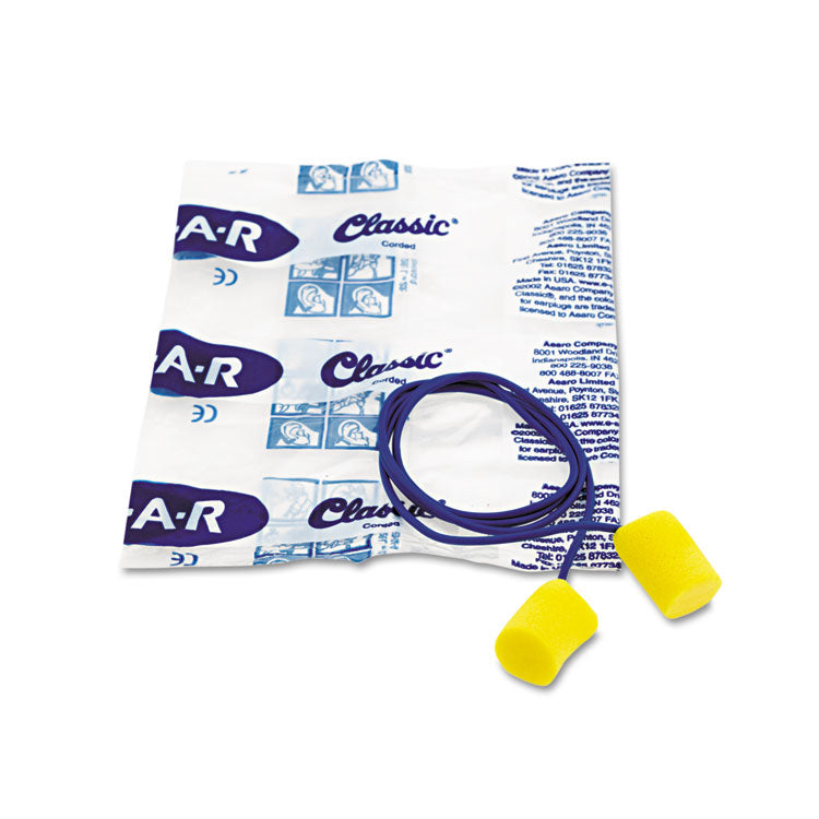 E-A-R Classic Earplugs, Corded, PVC Foam, Yellow, 200 Pairs/Box
