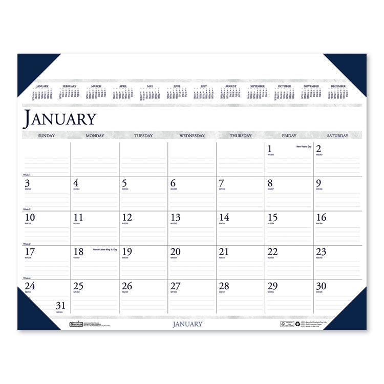 Executive Monthly Desk Pad Calendar, 24 x 19, White/Blue Sheets, Blue Corners, 12-Month (Jan to Dec): 2025