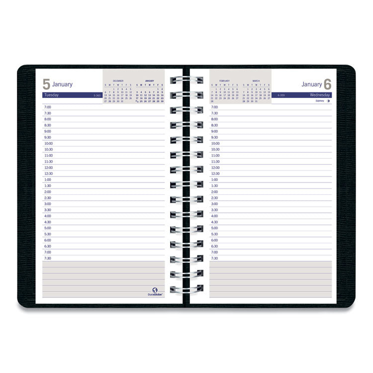 DuraGlobe Daily Planner, 30-Minute Appointments, 8 x 5, Black Soft Cover, 12-Month (Jan to Dec): 2025