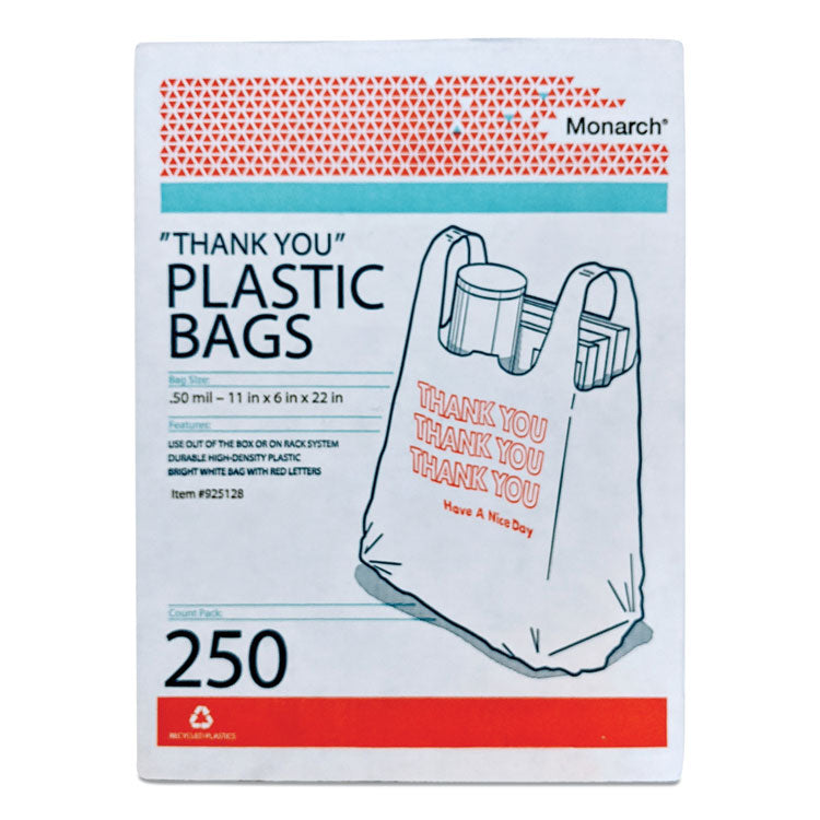 Plastic "Thank You - Have a Nice Day" Shopping Bags, Cut-Out Handles, 11.5" x 6.5" x 22", White/Red, 250/Box