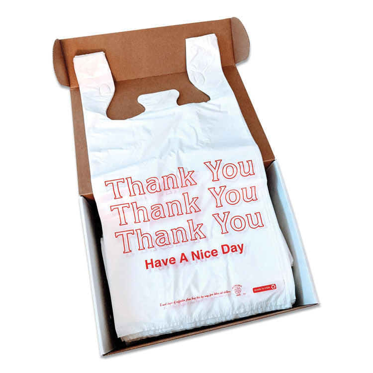 Plastic "Thank You - Have a Nice Day" Shopping Bags, Cut-Out Handles, 11.5" x 6.5" x 22", White/Red, 250/Box