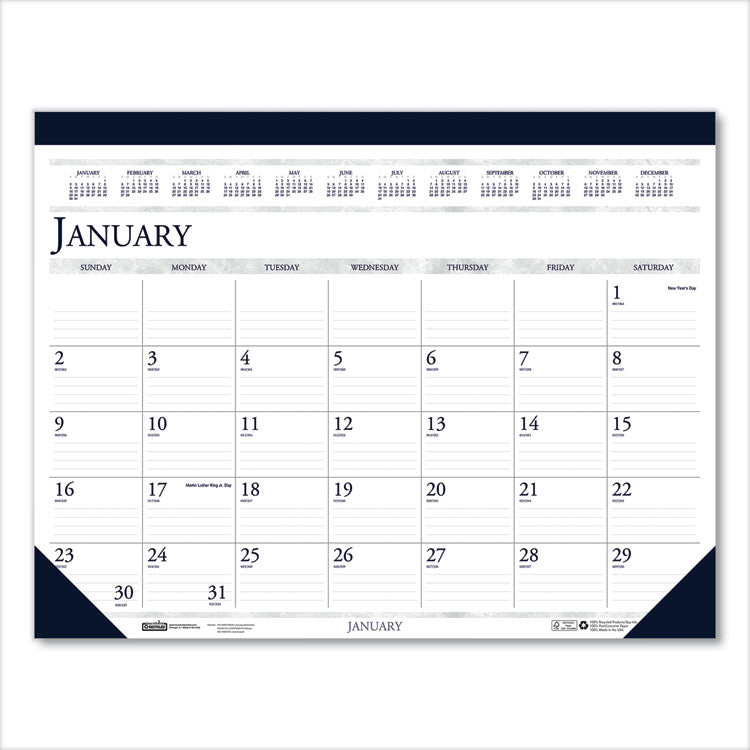 Recycled Two-Color Monthly Desk Pad Calendar, 18.5 x 13, Perforated White/Blue/Gray Sheets, 12-Month (Jan-Dec): 2025