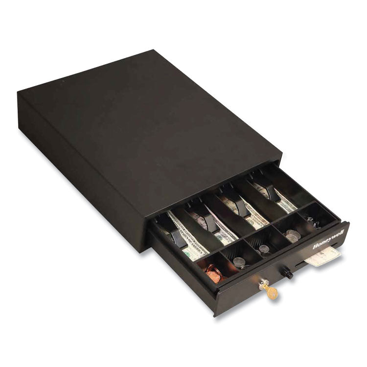 Space-Saving Steel Cash Drawer, 4 Bill, 5 Coin Slots, Key Lock, 17 X 13 X 4, Black