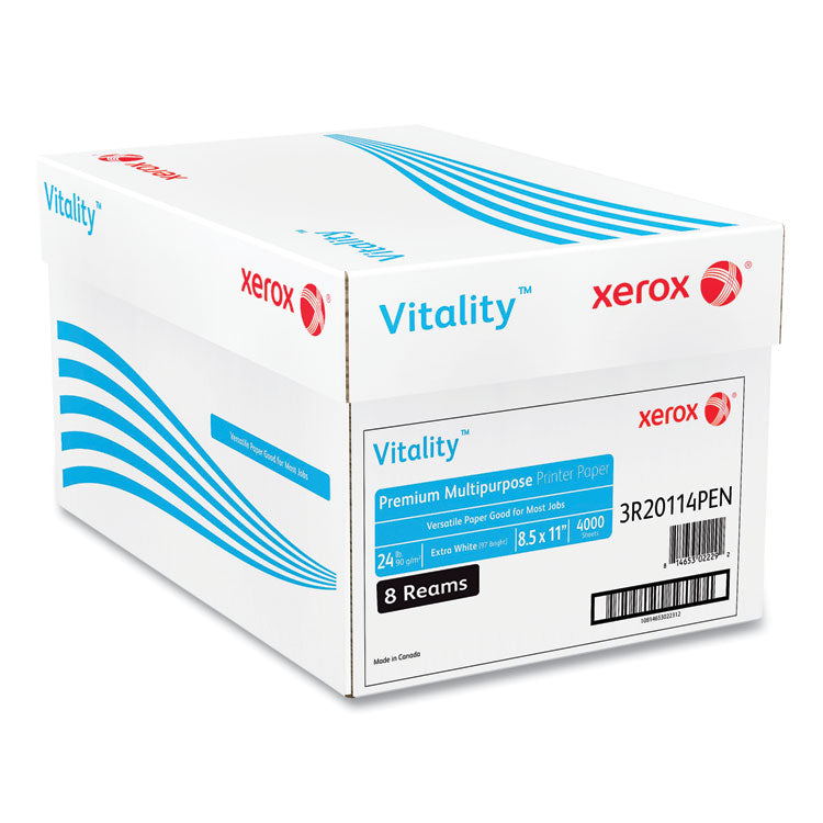 Vitality Premium Multipurpose Print Paper, 97 Bright, 24 lb Bond Weight, 8.5 x 11, Extra White, 500/Ream, 8 Reams/Carton