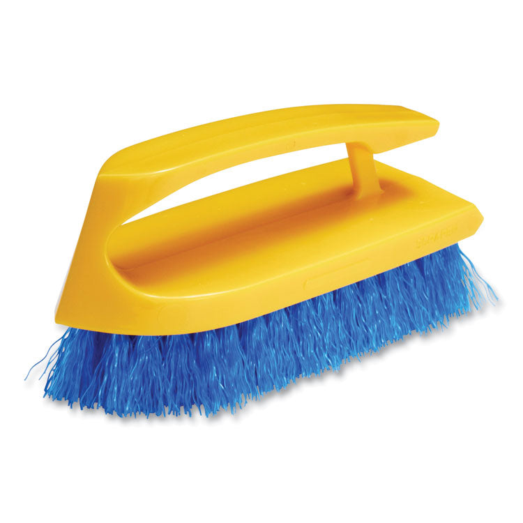Iron-Shaped Handle Scrub Brush, Blue Polypropylene Bristles, 6" Brush, 6" Yellow Plastic Handle