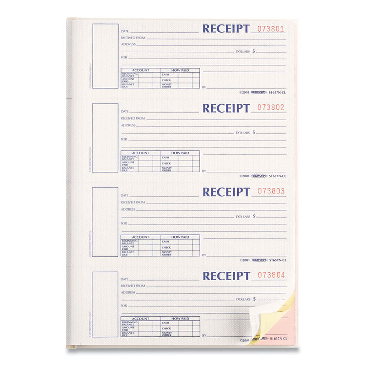 Durable Hardcover Numbered Money Receipt Book, Three-Part Carbonless, 6.88 x 2.75, 4 Forms/Sheet, 200 Forms Total