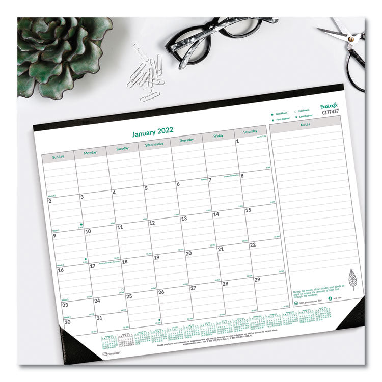 EcoLogix Monthly Desk Pad Calendar, 22 x 17, White/Green Sheets, Black Binding/Corners, 12-Month (Jan to Dec): 2025